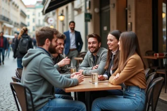 Groupe de jeunes adultes riant dans un café lisboète