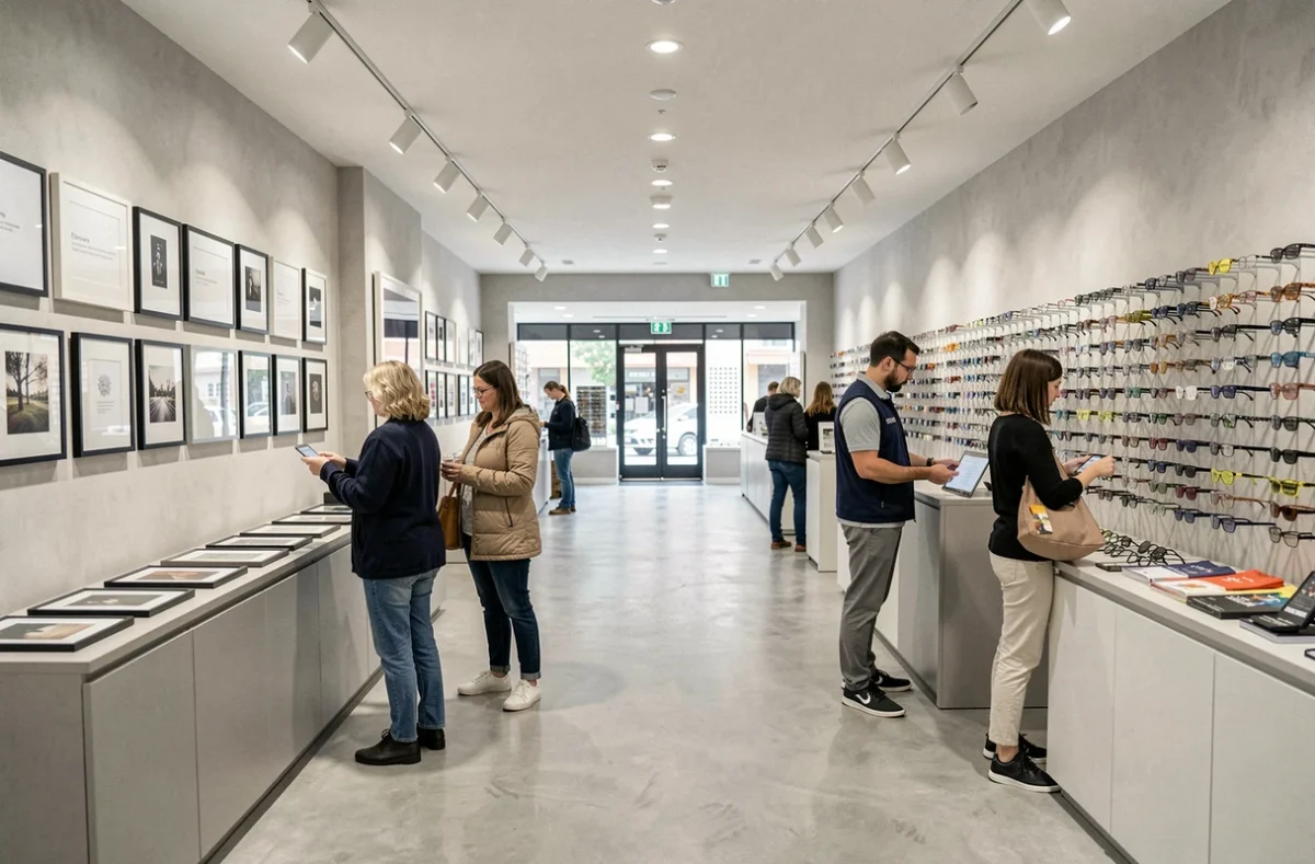 Intérieur du magasin Krys à Évreux montrant deux espaces complémentaires avec différentes gammes de montures exposées