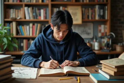 Lecteur de manga assis à un bureau en bois entouré de volumes One Piece et de cartes de pirates dessinées à la main