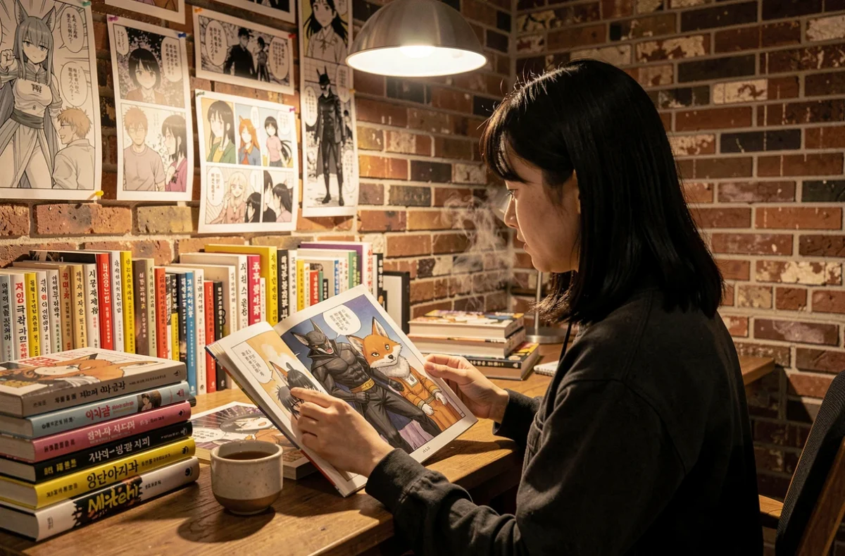 Jeune femme lisant un volume de manhwa coréen avec un personnage de villain aux yeux de renard, dans un appartement cosy avec des livres illustrés empilés sur un bureau en bois