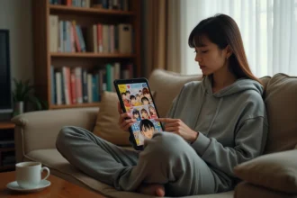 Jeune femme lisant des mangas en VF sur une tablette dans un salon cosy avec des étagères de mangas en arrière-plan