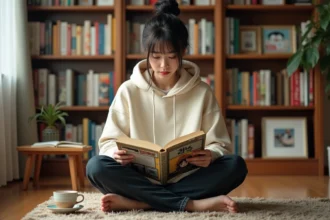 Jeune femme lisant un manhwa Jinx en édition VF dans un appartement cosy entouré de volumes manga