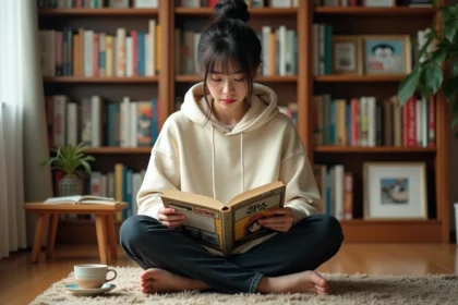 Jeune femme lisant un manhwa Jinx en édition VF dans un appartement cosy entouré de volumes manga