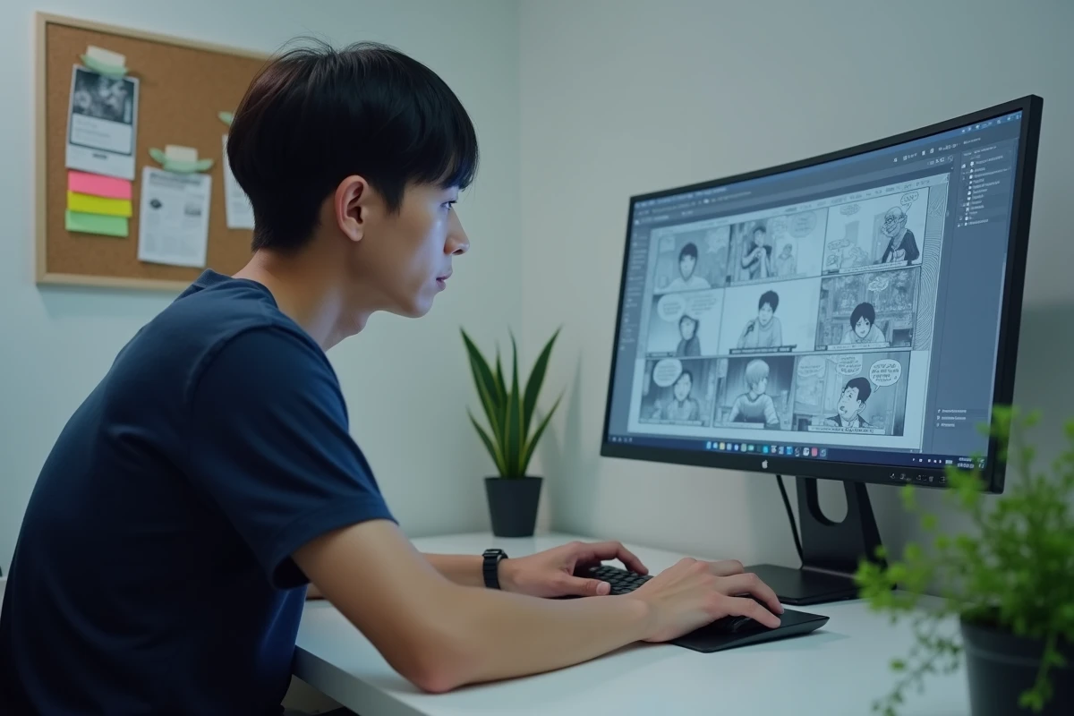 Homme lisant le scan Jinx sur un écran d'ordinateur dans un bureau moderne avec des notes de chapitres épinglées