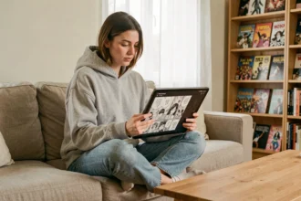 Jeune femme lisant des scans manga sur tablette confortablement installée dans un salon scandinave moderne