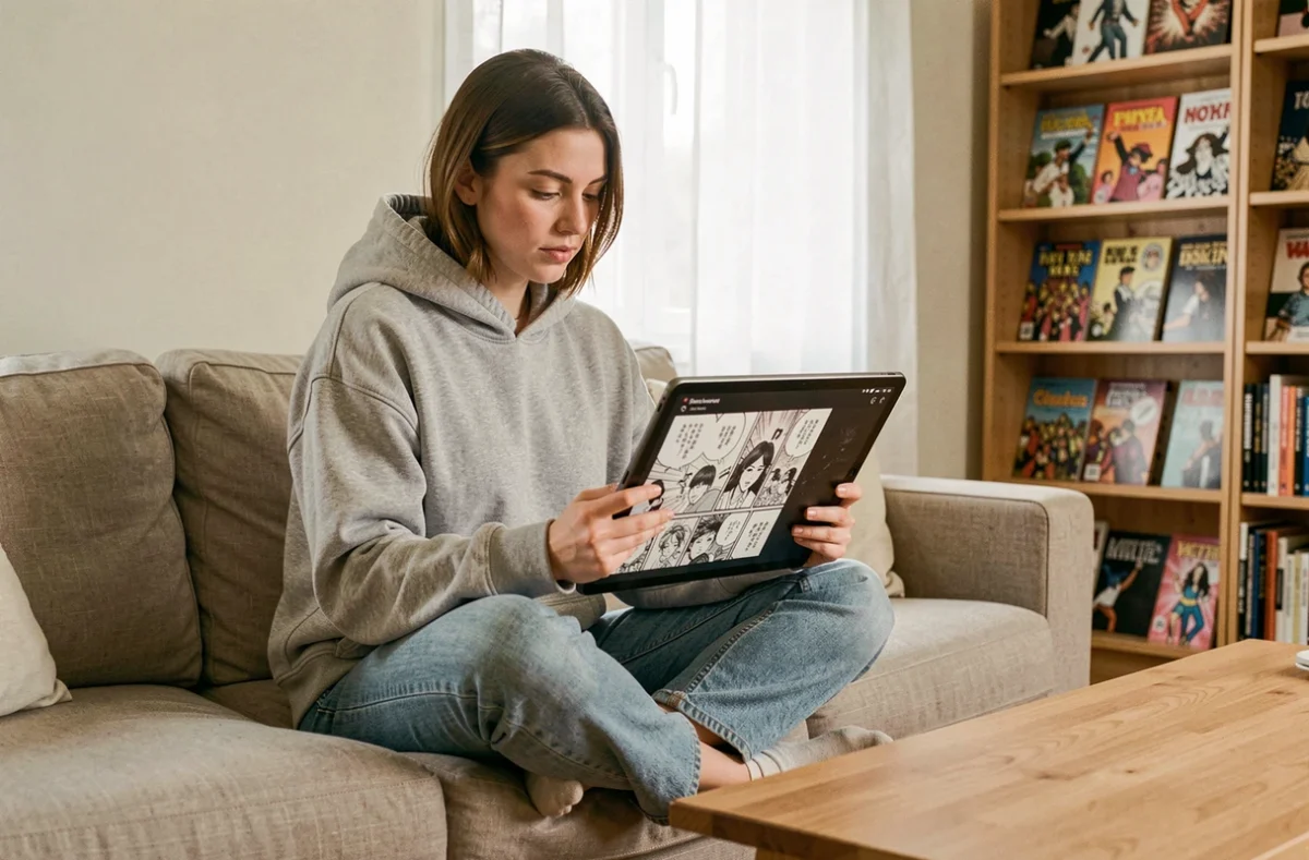 Jeune femme lisant des scans manga sur tablette confortablement installée dans un salon scandinave moderne