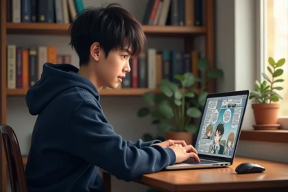 Jeune homme lisant un scan manga en français sur son ordinateur portable dans une chambre cosy entourée de volumes de manga