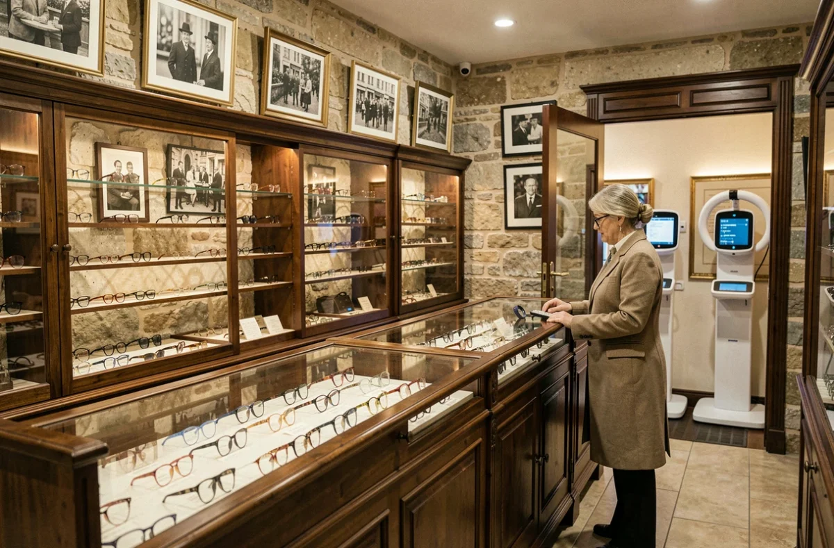 Intérieur de l'enseigne historique Lempereur Opticiens à Évreux avec vitrines en bois anciens et cadres classiques exposés