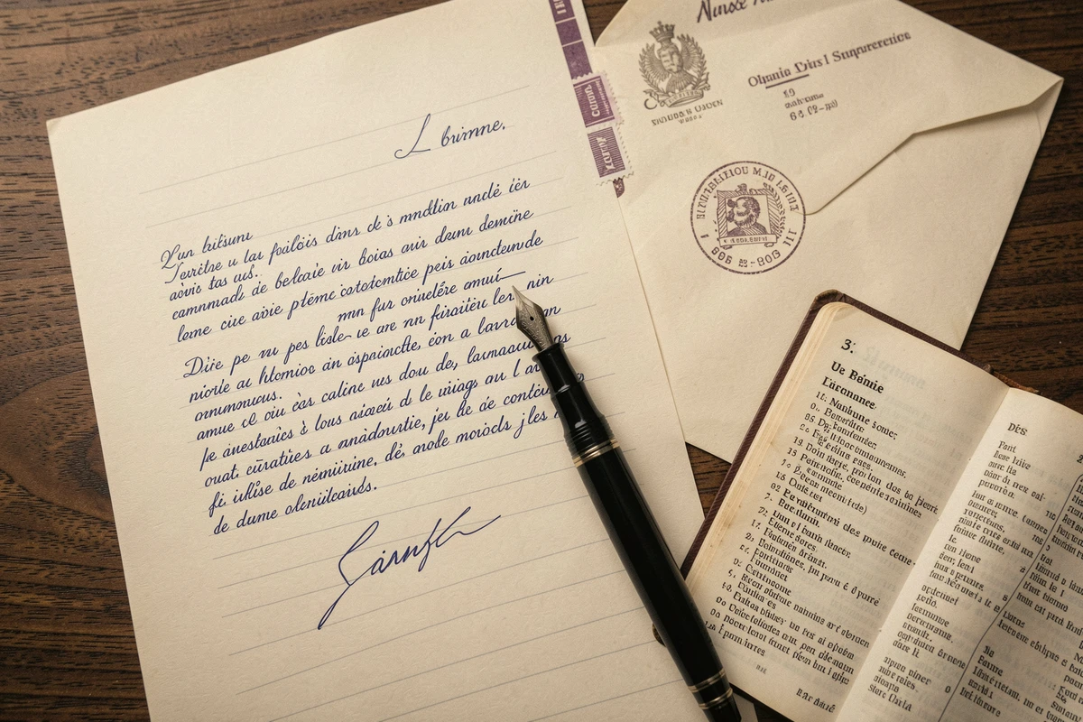 Lettre de politesse formelle au préfet posée sur un bureau avec stylo plume et dictionnaire de formules administratives
