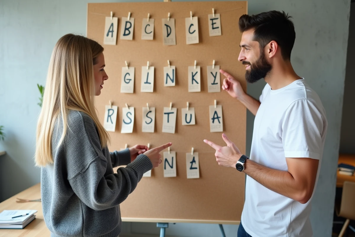 Deux personnes organisant une liste de chanteurs par initiale sur un tableau de liège en espace collaboratif
