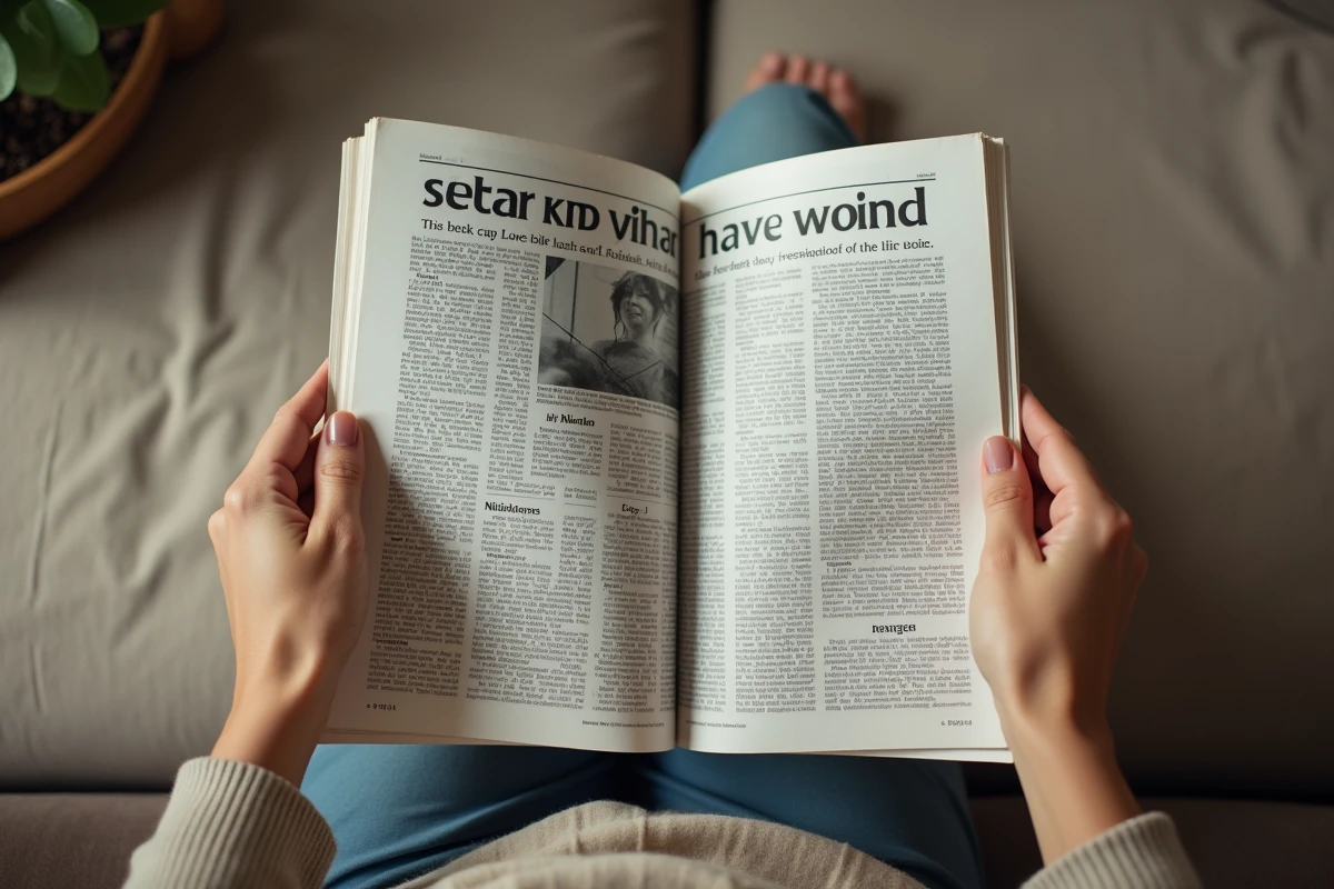 Mains tenant un magazine people ouvert, symbole de la désinformation et des rumeurs sur la vie sentimentale de personnalités