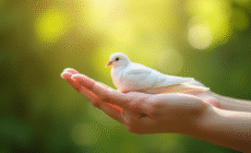 Main ouverte tenant une colombe blanche symbole paix