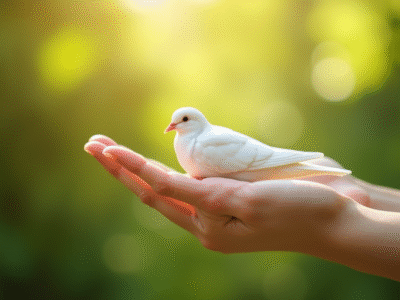 Main ouverte tenant une colombe blanche symbole paix