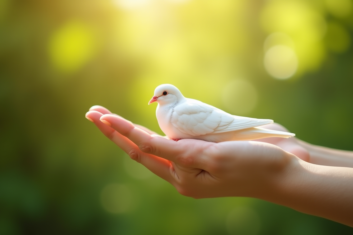 Main ouverte tenant une colombe blanche symbole paix