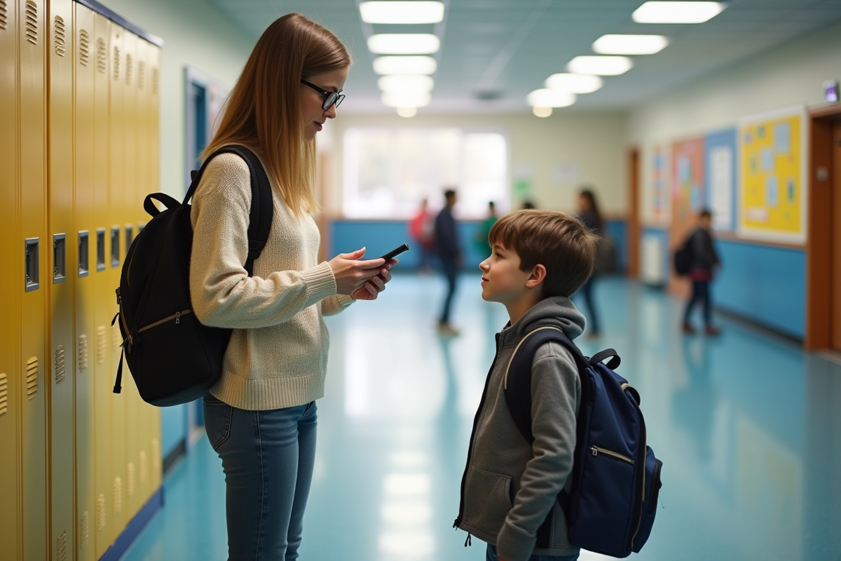 Maman vérifiant son smartphone avec son enfant dans le couloir scolaire