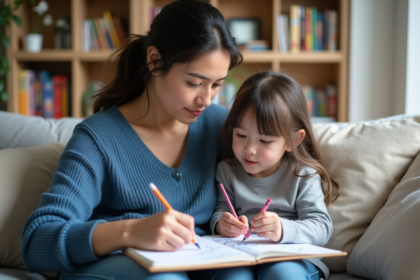 Femme et fille dessinant dans un salon lumineux