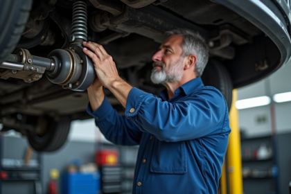 Mécanicien homme en overalls retire un silent bloc dans un atelier auto