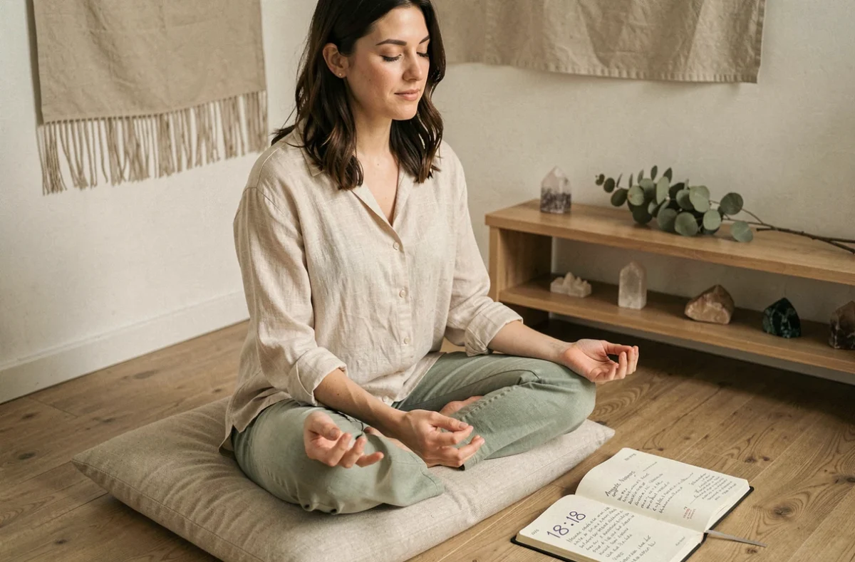 Femme en méditation avec un journal sur les anges et le nombre 18h18 dans un espace zen minimaliste