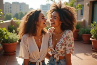 Deux meilleures amies riant ensemble sur une terrasse urbaine ensoleillée, illustrant une amitié forte et sincère