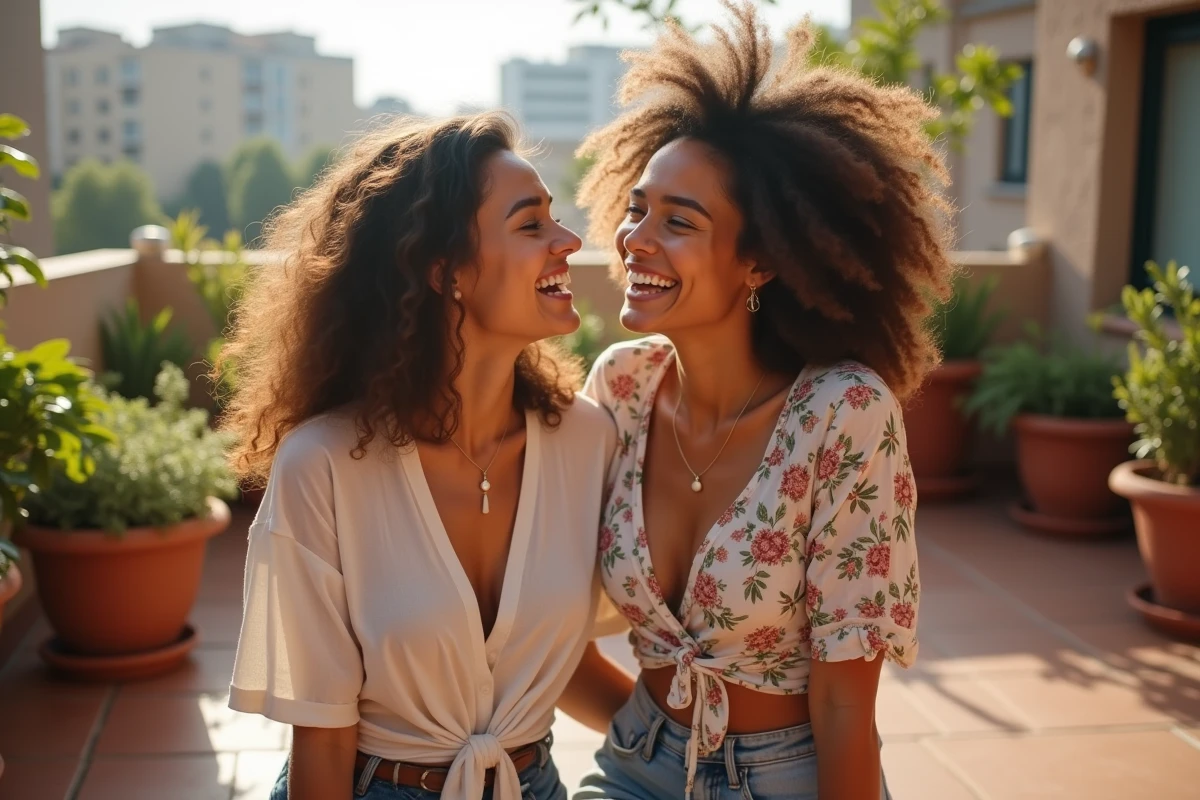 Deux meilleures amies riant ensemble sur une terrasse urbaine ensoleillée, illustrant une amitié forte et sincère