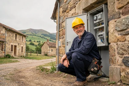 Électricien professionnel travaillant sur un tableau électrique dans le Cantal avec paysage volcanique en arrière-plan