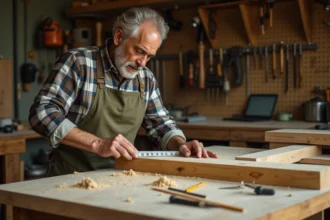 Artisan mesurant une planche en bois avec une règle double échelle centimètres et pouces dans un atelier de bricolage