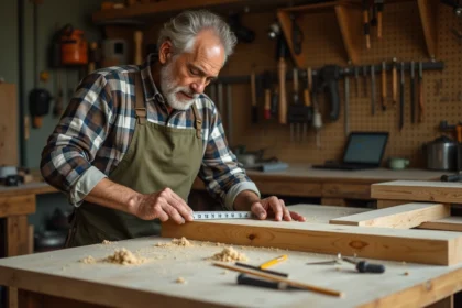 Artisan mesurant une planche en bois avec une règle double échelle centimètres et pouces dans un atelier de bricolage
