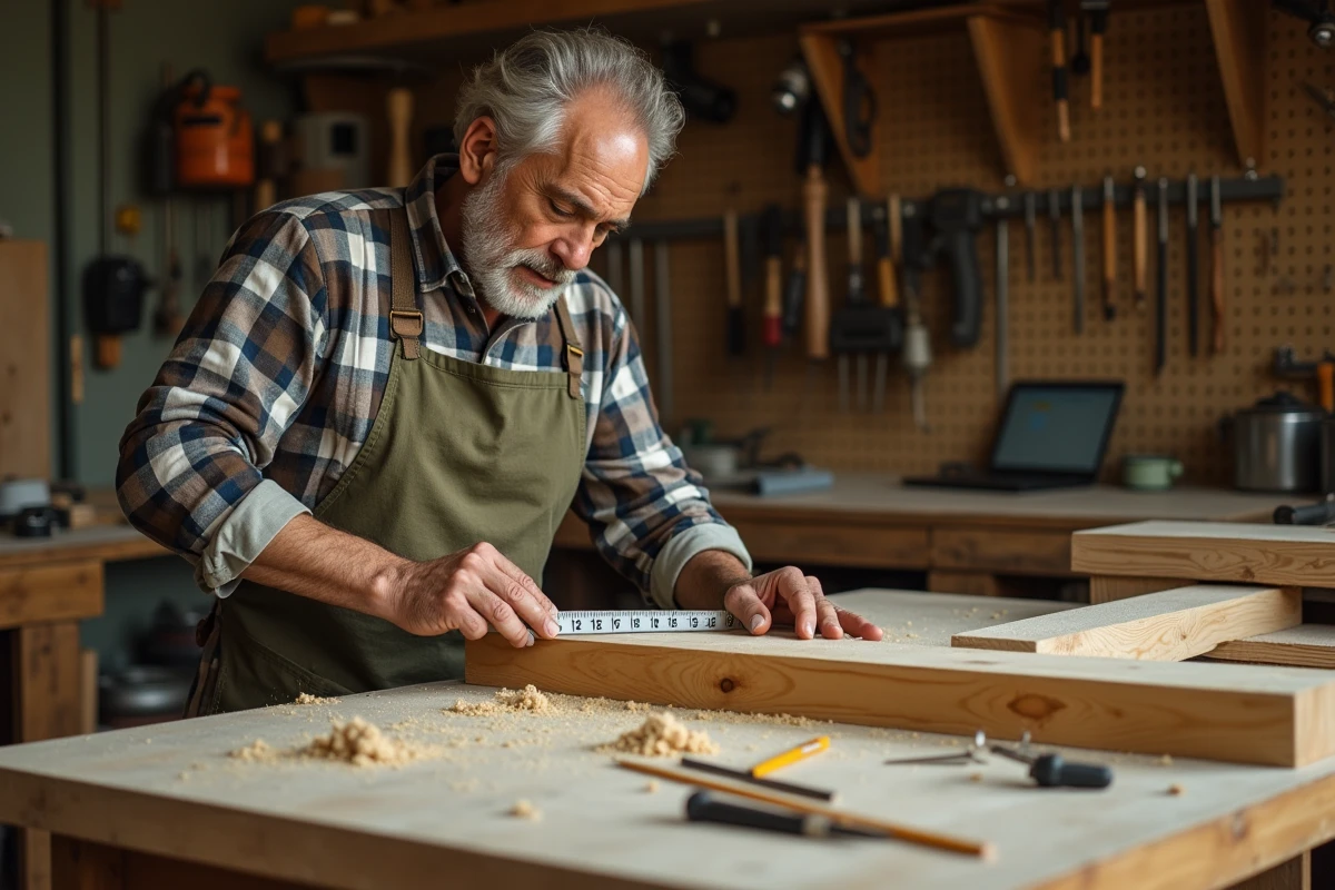Artisan mesurant une planche en bois avec une règle double échelle centimètres et pouces dans un atelier de bricolage