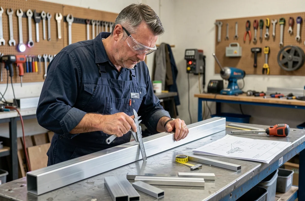Métallurgiste mesurant un tube carré en aluminium avec un pied à coulisse dans un atelier de fabrication métallique