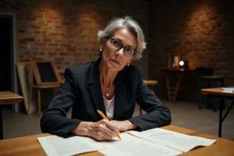 Metteuse en scène annotant une didascalie sur un script de pièce de théâtre lors d'une répétition