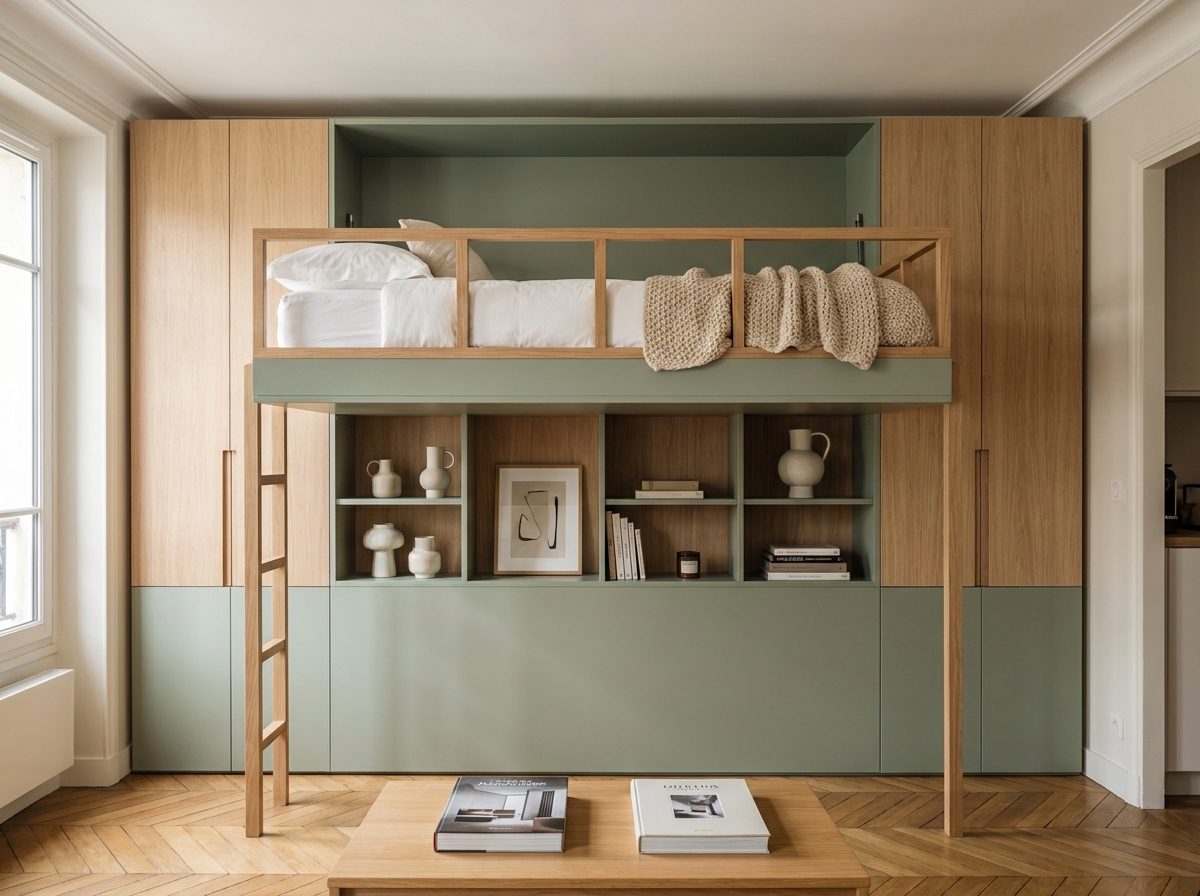Meuble bibliothèque avec couchage en hauteur intégré dans un petit salon pour accueillir des invités