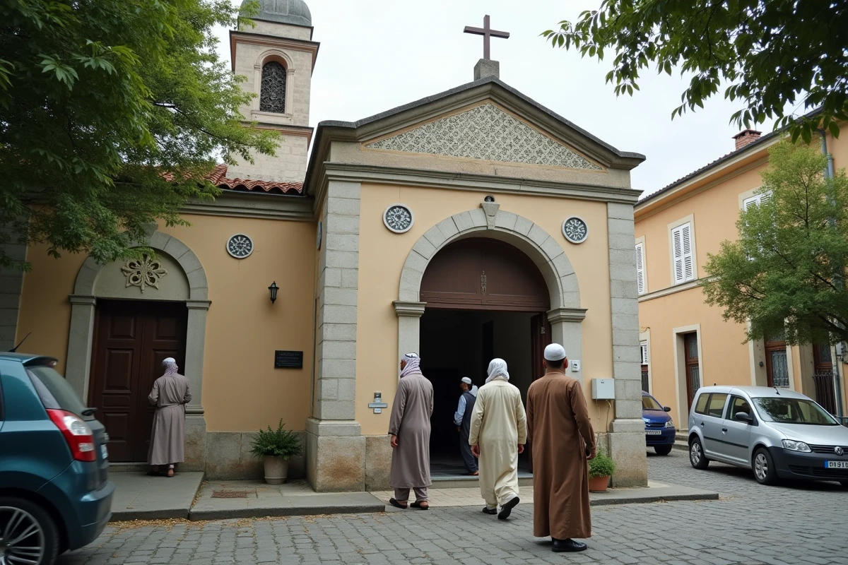 Entrée d'une mosquée à Grenoble avec des fidèles arrivant à l'heure de la prière