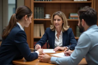 Notaire femme conseillant un couple dans un bureau moderne