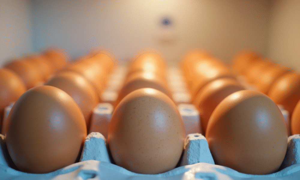 Oeufs frais dans un carton dans le frigo lumineux