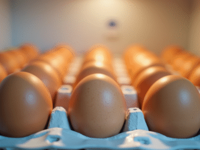 Oeufs frais dans un carton dans le frigo lumineux