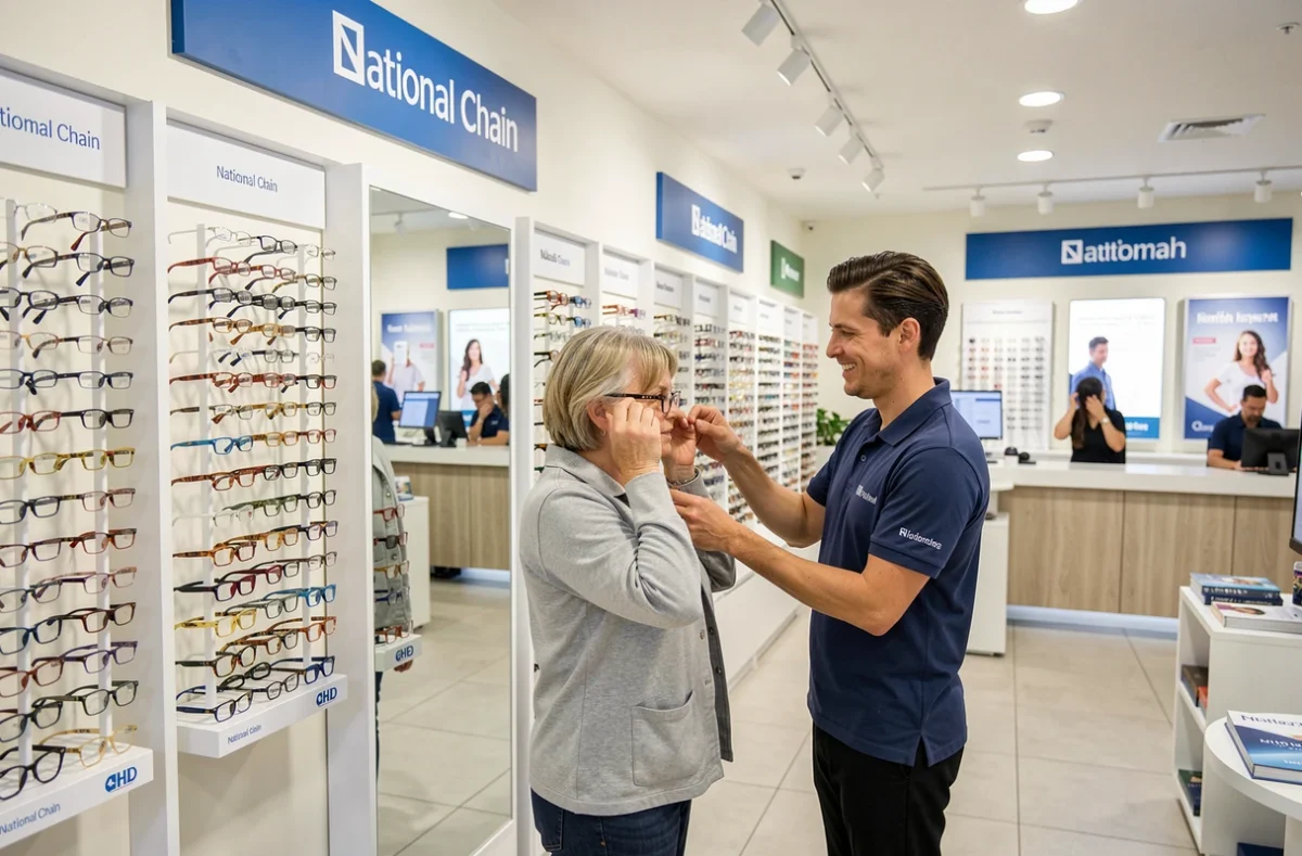 Intérieur du magasin Optic 2000 à Évreux avec rayonnages de montures et une cliente essayant des lunettes assistée par un opticien