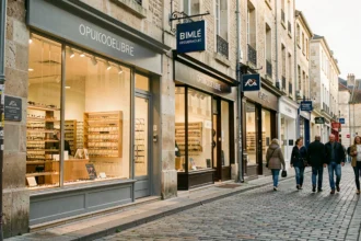 Rue commerçante d'Évreux dans l'Eure avec plusieurs vitrines d'opticiens visibles sur une artère piétonne normande