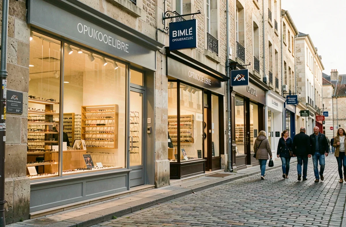 Rue commerçante d'Évreux dans l'Eure avec plusieurs vitrines d'opticiens visibles sur une artère piétonne normande