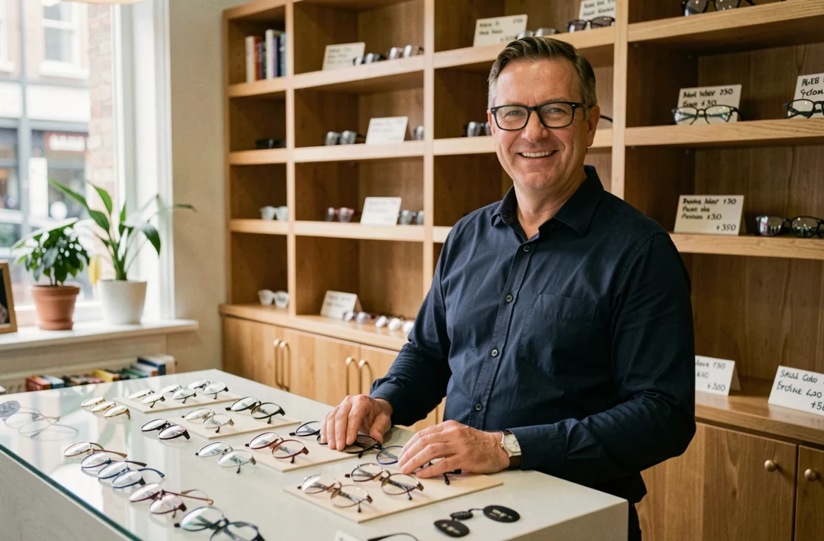 Opticien indépendant Optipop à Évreux debout dans sa boutique avec des montures exposées sur un comptoir en bois