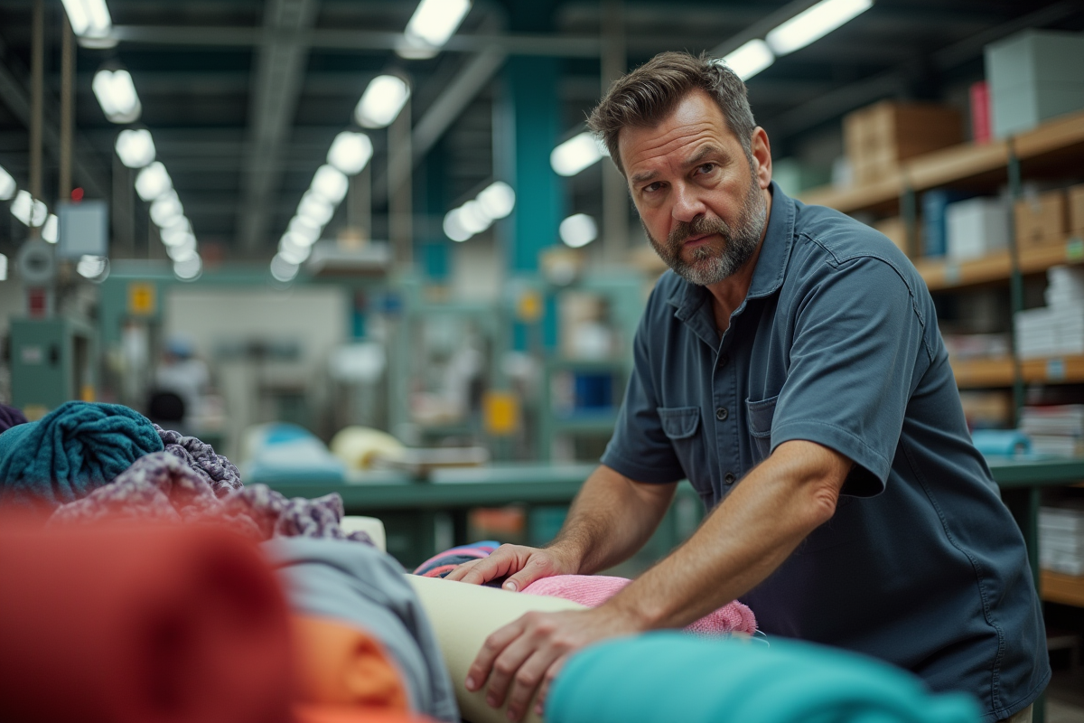 Ouvrier triant des tissus dans une usine textile moderne