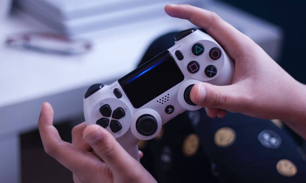 person holding white and black game controller