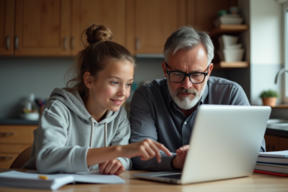 Père et fille regardant un ordinateur dans la cuisine