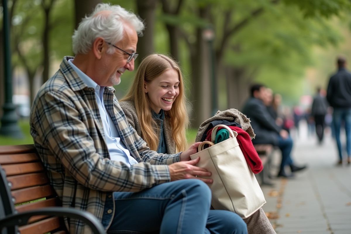 Père et fille riant sur un banc de parc avec vêtements d