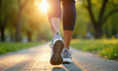 Les pieds en baskets confortables marchant dans un parc ensoleille