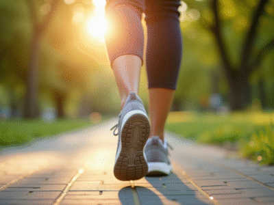 Les pieds en baskets confortables marchant dans un parc ensoleille