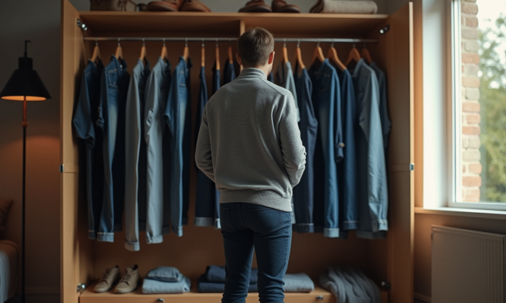 Personne devant une armoire remplie de jeans en pleine réflexion