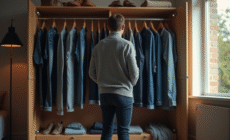 Personne devant une armoire remplie de jeans en pleine réflexion