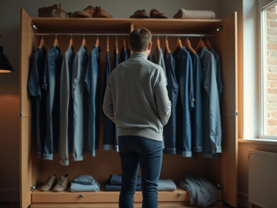 Personne devant une armoire remplie de jeans en pleine réflexion
