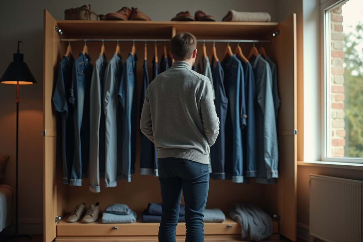 Personne devant une armoire remplie de jeans en pleine réflexion
