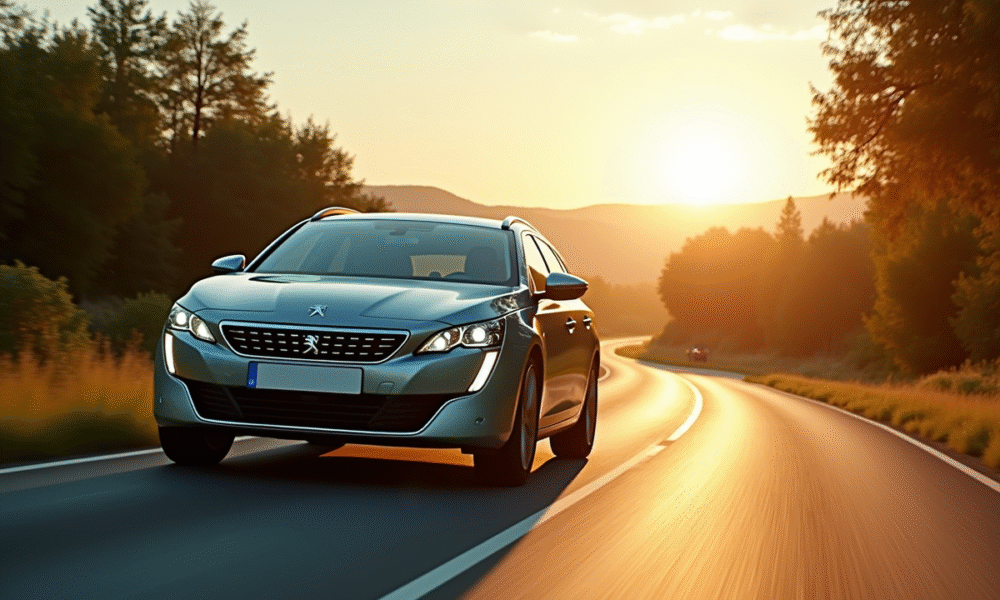 Voiture Peugeot 508 SW en conduite en campagne ensoleillee